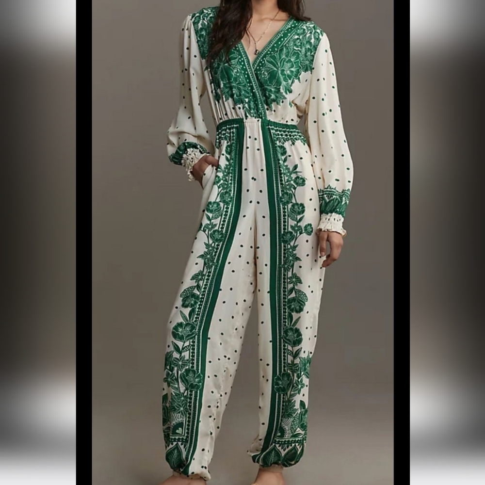 Floral Green and White Jumpsuit